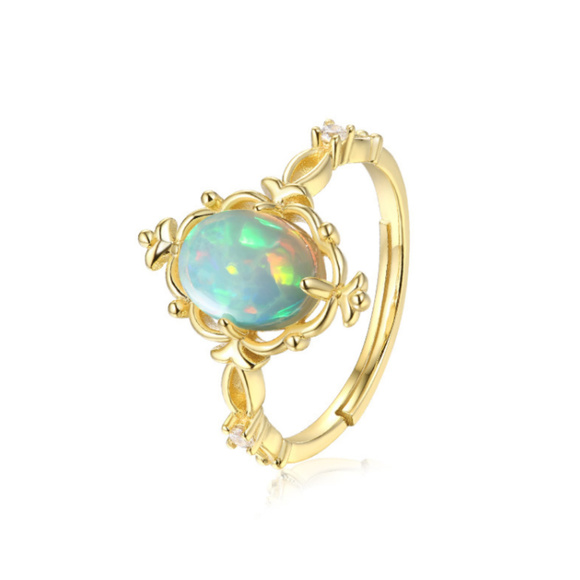 Opal Engagement Ring Vintage Floral Silver Ring